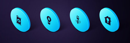 Set Isometric Smart house and light bulb, Electric saving plug in leaf, Light with and Bio fuel...