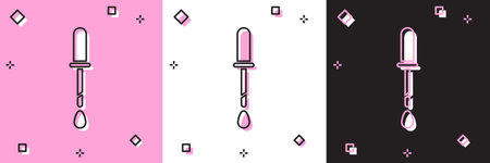 Set Pipette icon isolated on pink and white, black background. Element of medical, chemistry lab equipment. Pipette with drop. Medicine symbol. Vector Illustration.のイラスト素材