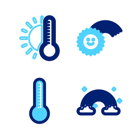 Set line Rainbow with clouds Meteorology thermometer sun and Thermometer icon. Vector.