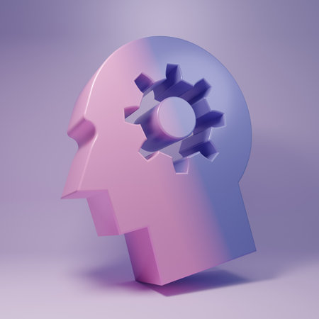 Purple Human head with gear inside icon isolated on purple background. Artificial intelligence. Thinking brain. Symbol work of brain. Minimalism concept. 3D render illustration.の写真素材