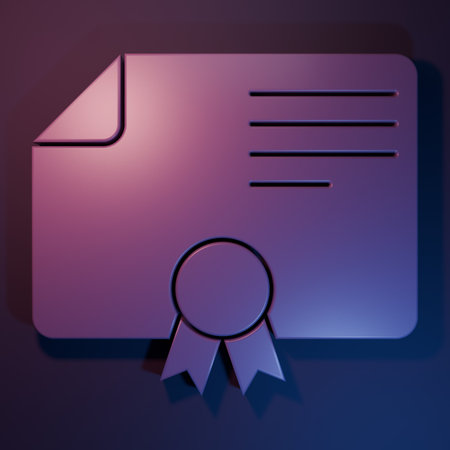 Purple Certificate template icon isolated on purple-blue background. Achievement, award, degree, grant, diploma. Business success certificate. Minimalism concept. 3D render illustration.の写真素材