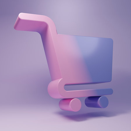 Purple Shopping cart icon isolated on purple background. Online buying concept. Delivery service sign. Supermarket basket symbol. Minimalism concept. 3D render illustration.の写真素材