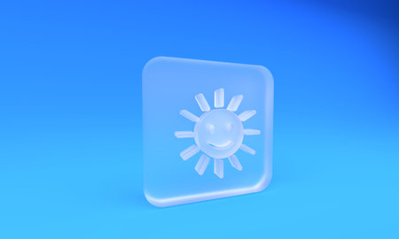 Frosted glass Cute sun with smile icon isolated on blue background. Funny smiling sun. Happy sunny smile. Square frosted glass button. 3D render illustration.の写真素材