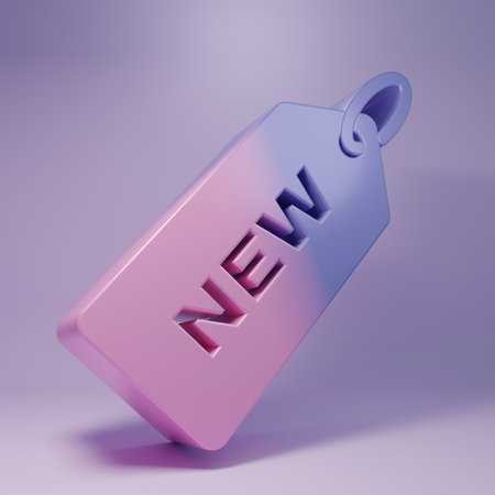 Purple Price tag with an inscription New icon isolated on purple background. Badge for price. Promo tag discount. Minimalism concept. 3D render illustration.の写真素材