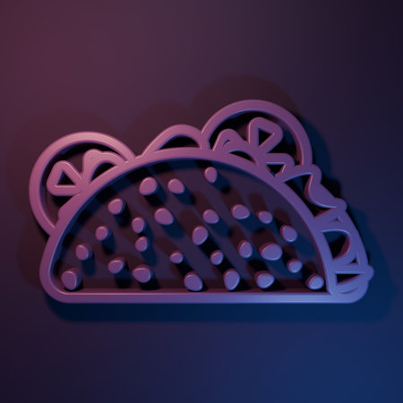 Purple Taco with tortilla icon isolated on purple-blue background. Traditional Mexican fast food. Minimalism concept. 3D render illustration.の写真素材