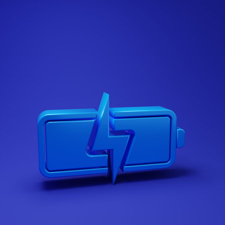 Blue Battery icon isolated on blue background. Lightning bolt symbol. Minimalism concept. 3D render illustration.の写真素材
