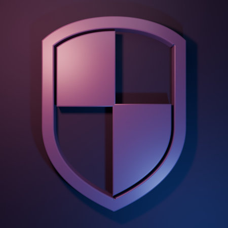 Purple Shield icon isolated on purple-blue background. Guard sign. Minimalism concept. 3D render illustration.の写真素材