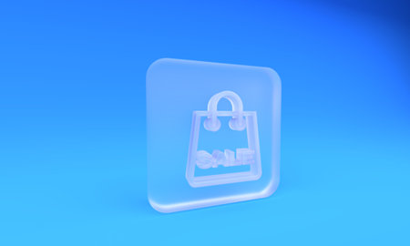 Frosted glass Shopping bag with an inscription Sale icon isolated on blue background. Handbag sign. Woman bag icon. Female handbag sign. Square frosted glass button. 3D render illustration.の写真素材