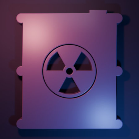 Purple Radioactive waste in barrel icon isolated on purple-blue background. Toxic refuse keg. Radioactive garbage emissions, environmental pollution. Minimalism concept. 3D render illustration.の写真素材