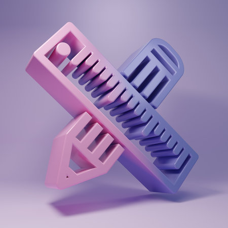 Purple Crossed ruler and pencil icon isolated on purple background. Straightedge symbol. Drawing and educational tools. Minimalism concept. 3D render illustration.の写真素材