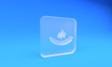 Frosted glass Sausage with steam icon isolated on blue background. Grilled sausage and aroma sign. Square frosted glass button. 3D render illustration.の写真素材