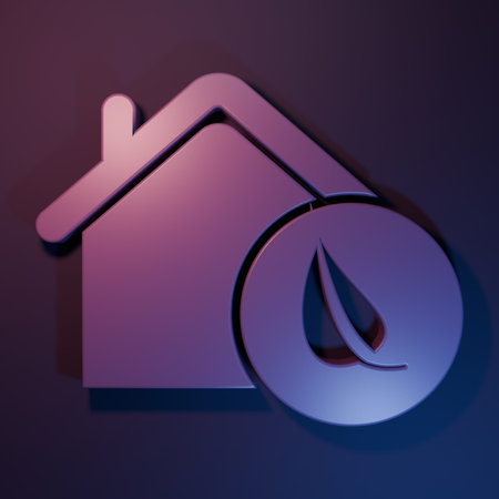 Purple Eco friendly house icon isolated on purple-blue background. Eco house with leaf. Minimalism concept. 3D render illustration.の写真素材