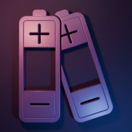 Purple Battery icon isolated on purple-blue background. Lightning bolt symbol. Minimalism concept. 3D render illustration.の写真素材