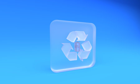 Frosted glass Battery with recycle symbol line icon isolated on blue background. Battery with recycling symbol - renewable energy concept. Square frosted glass button. 3D render illustration.の写真素材