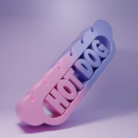 Purple Hotdog sandwich icon isolated on purple background. Sausage icon. Fast food sign. Minimalism concept. 3D render illustration.の写真素材