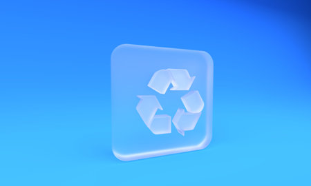 Frosted glass Recycle symbol icon isolated on blue background. Circular arrow icon. Environment recyclable go green. Square frosted glass button. 3D render illustration.の写真素材