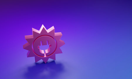 Pink Solar energy panel icon isolated on purple-blue background. Sun and electric plug. Minimalism concept. 3D render illustration.の写真素材