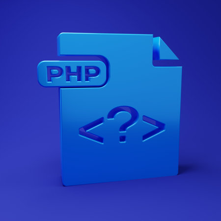 Blue PHP file document. Download php button icon isolated on blue background. PHP file symbol. Minimalism concept. 3D render illustration.の写真素材