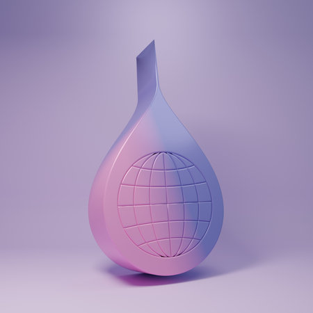 Purple Earth planet in water drop icon isolated on purple background. World globe and water drop. Saving water and world environmental protection. Minimalism concept. 3D render illustration.の写真素材