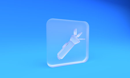 Frosted glass Flashlight icon isolated on blue background. Square frosted glass button. 3D render illustration.の写真素材