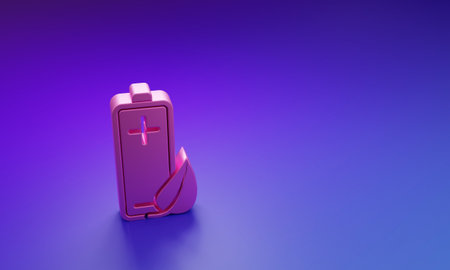 Pink Eco nature leaf and battery icon isolated on purple-blue background. Energy based on ecology saving concept. Minimalism concept. 3D render illustration.の写真素材