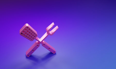 Pink Crossed fork and spatula icon isolated on purple-blue background. BBQ fork and spatula sign. Barbecue and grill tools. Minimalism concept. 3D render illustration.の写真素材