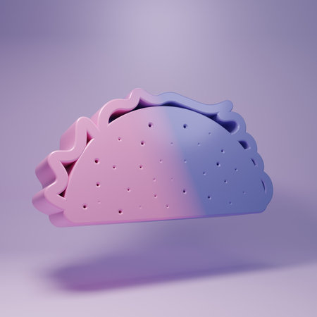 Purple Taco with tortilla icon isolated on purple background. Traditional Mexican fast food. Minimalism concept. 3D render illustration.の写真素材
