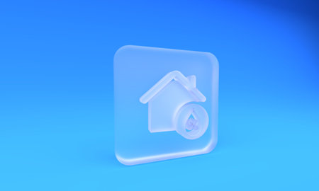 Frosted glass House humidity icon isolated on blue background. Weather and meteorology, thermometer symbol. Square frosted glass button. 3D render illustration.の写真素材