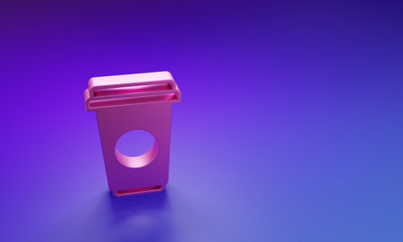 Pink Coffee cup icon isolated on purple-blue background. Disposable coffee cup with hot coffee. Minimalism concept. 3D render illustration.の写真素材