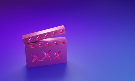 Pink Movie clapper isolated on purple-blue background. Age restriction symbol. 18 plus content sign. Minimalism concept. 3D render illustration.の写真素材