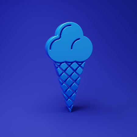 Blue Ice cream in waffle cone icon isolated on blue background. Sweet symbol. Minimalism concept. 3D render illustration.の写真素材
