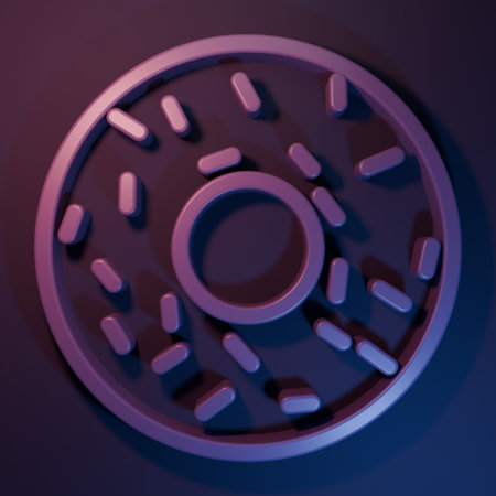 Purple Donut with sweet glaze icon isolated on purple-blue background. Minimalism concept. 3D render illustration.の写真素材