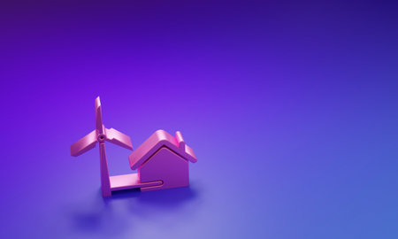 Pink House with wind turbine for electric energy generation icon isolated on purple-blue background. Eco-friendly house. Environmental Protection. Minimalism concept. 3D render illustration.の写真素材