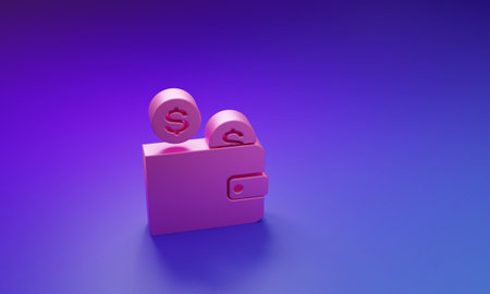 Pink Wallet with coin icon isolated on purple-blue background. Money Wallet. Coin dollar symbol. Minimalism concept. 3D render illustration.の写真素材