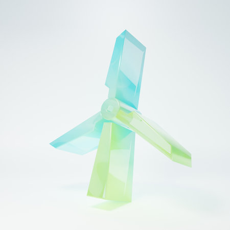 Frosted glass Wind turbine icon isolated on white background. Wind generator sign. Windmill silhouette. Windmill for electric power production. Minimalism concept. 3D render illustration.の写真素材