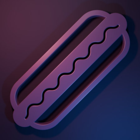 Purple Hotdog sandwich with mustard icon isolated on purple-blue background. Sausage icon. Fast food sign. Minimalism concept. 3D render illustration.の写真素材