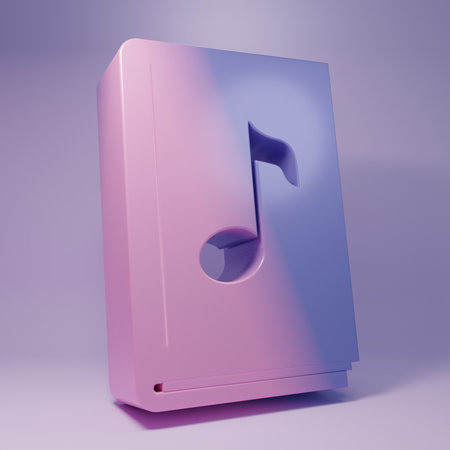 Purple Audio book icon isolated on purple background. Musical note with book. Audio guide sign. Online learning concept. Minimalism concept. 3D render illustration.の写真素材