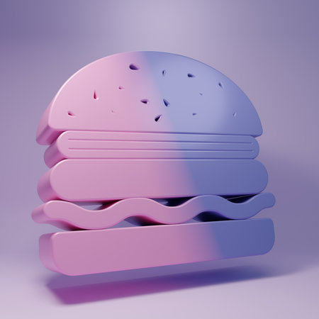 Purple Burger icon isolated on purple background. Hamburger icon. Cheeseburger sandwich sign. Minimalism concept. 3D render illustration.の写真素材