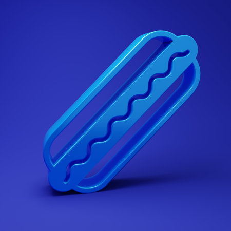 Blue Hotdog sandwich with mustard icon isolated on blue background. Sausage icon. Fast food sign. Minimalism concept. 3D render illustration.の写真素材