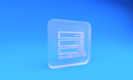 Frosted glass Customer care server icon isolated on blue background. Tech support concept with male operator. Call center sign. Square frosted glass button. 3D render illustration.の写真素材