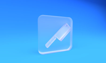 Frosted glass Meat chopper icon isolated on blue background. Kitchen knife for meat. Butcher knife. Square frosted glass button. 3D render illustration.の写真素材