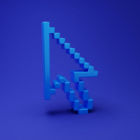 Blue Pixel arrow cursor icon isolated on blue background. Minimalism concept. 3D render illustration.の写真素材