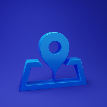 Blue Placeholder on map paper in perspective icon isolated on blue background. Minimalism concept. 3D render illustration.の写真素材