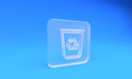 Frosted glass Recycle bin with recycle symbol icon isolated on blue background. Trash can icon. Garbage bin sign. Recycle basket sign. Square frosted glass button. 3D render illustration.の写真素材