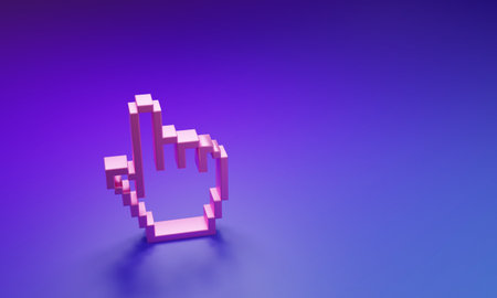 Pink Pixel hand cursor icon isolated on purple-blue background. Pointer hand cursor. Minimalism concept. 3D render illustration.の写真素材