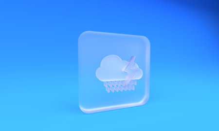 Frosted glass Cloud with rain and lightning icon isolated on blue background. Rain cloud precipitation with rain drops.Weather icon of storm. Square frosted glass button. 3D render illustration.の写真素材