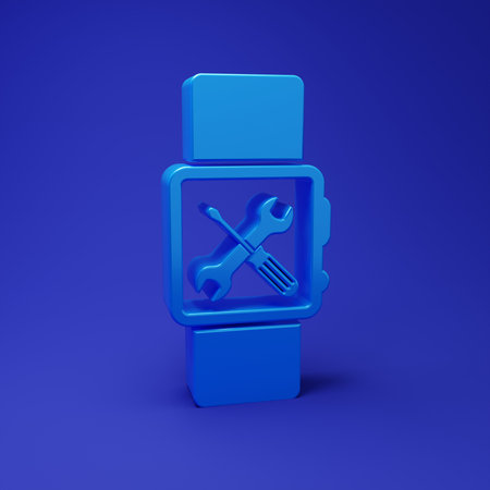 Blue Smartwatch with screwdriver and wrench icon isolated on blue background. Adjusting, service, setting, maintenance, repair, fixing. Minimalism concept. 3D render illustration.の写真素材