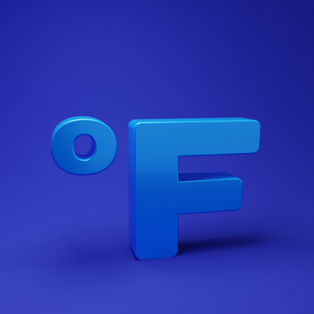 Blue Fahrenheit icon isolated on blue background. Minimalism concept. 3D render illustration.の写真素材