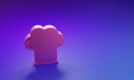 Pink Chef hat icon isolated on purple-blue background. Cooking symbol. Cooks hat. Minimalism concept. 3D render illustration.の写真素材
