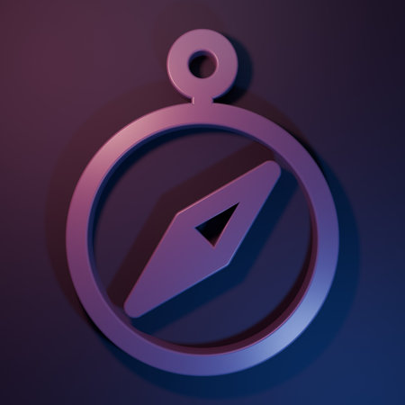 Purple Compass icon isolated on purple-blue background. Windrose navigation symbol. Wind rose sign. Minimalism concept. 3D render illustration.の写真素材